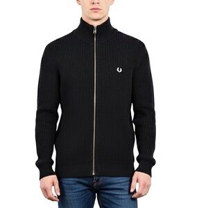 Fred Perry pure cotton black full zip ribbed knit mock neck cardigan sweaterM